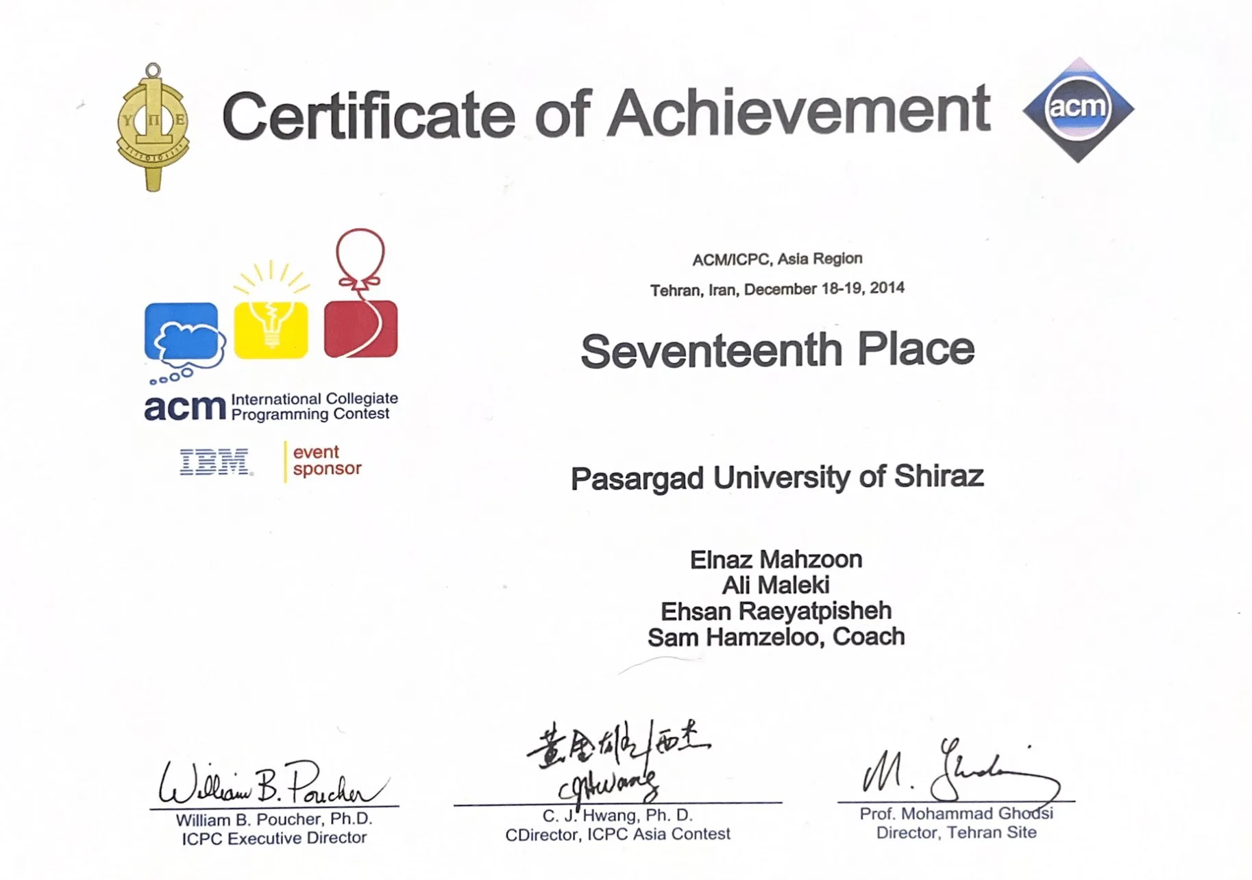 ACM International Collegiate Programming Contest certificate