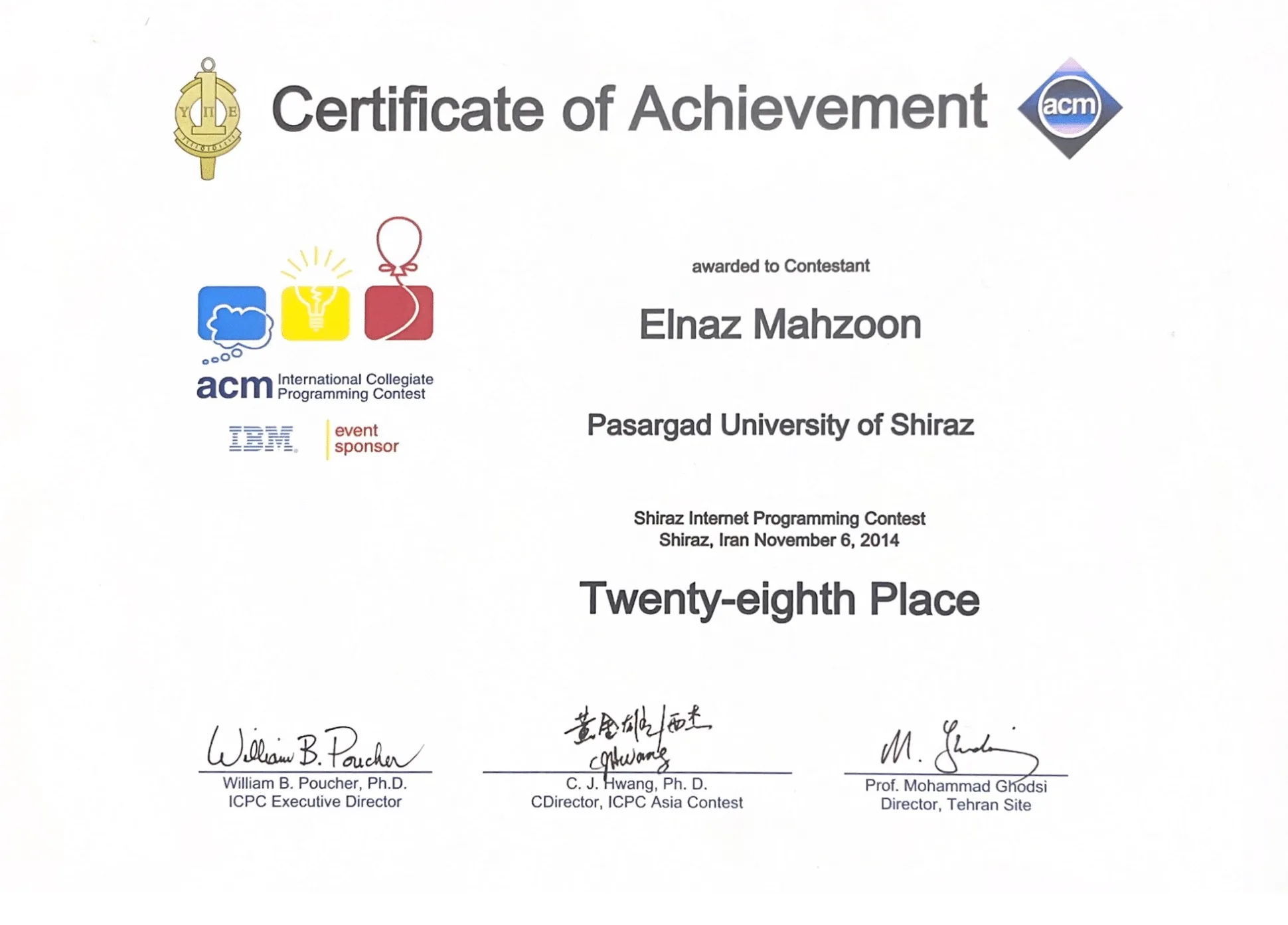 ACM International Collegiate Programming Contest certificate